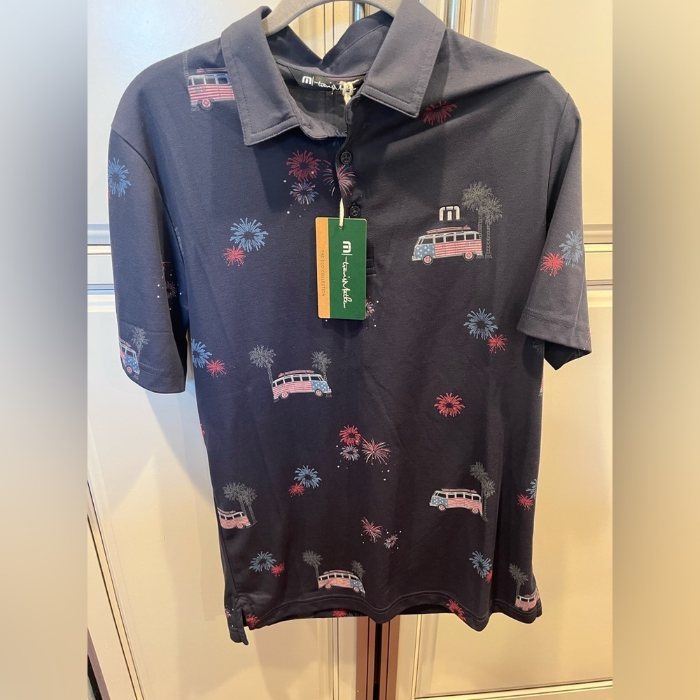 Travis Mathew Mens Polo in Dark Blue Firework Print 4th of July